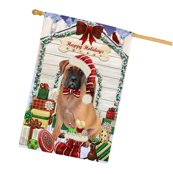 Happy Holidays Christmas Bullmastiff Dog House with Presents House Flag FLG51433