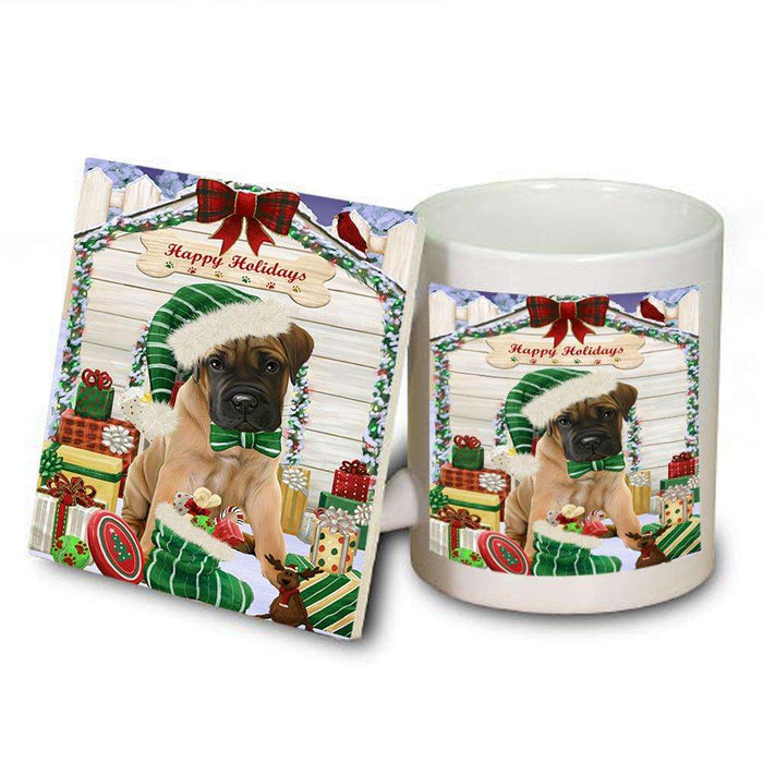 Happy Holidays Christmas Bullmastiff Dog House with Presents Mug and Coaster Set MUC51365