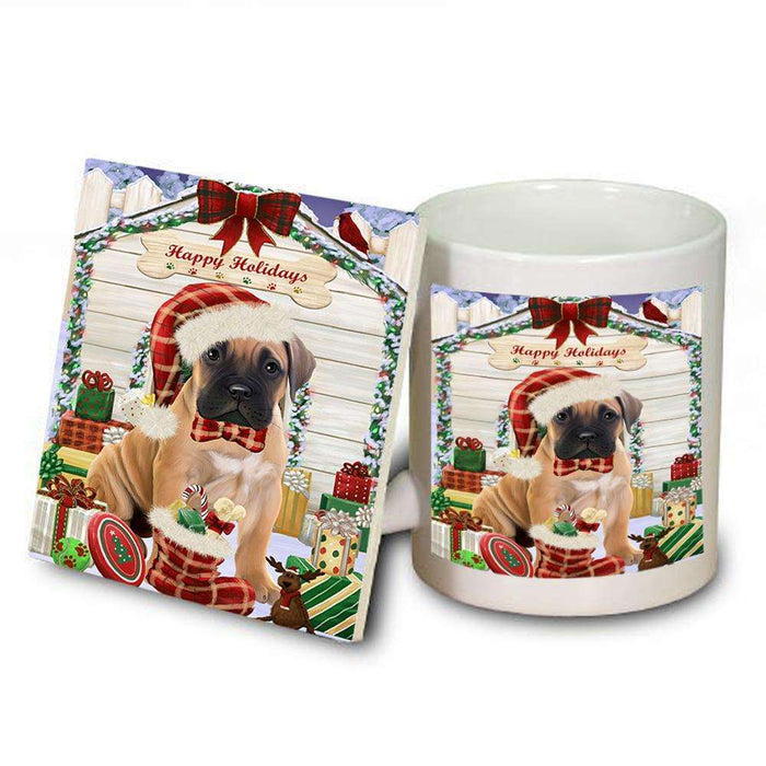 Happy Holidays Christmas Bullmastiff Dog House with Presents Mug and Coaster Set MUC51366