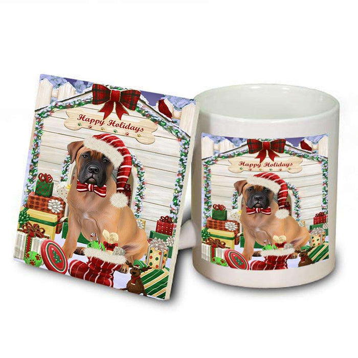 Happy Holidays Christmas Bullmastiff Dog House with Presents Mug and Coaster Set MUC51367
