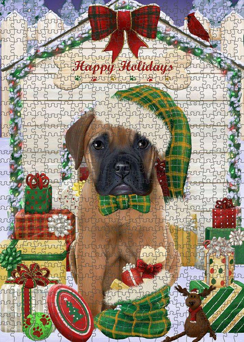 Happy Holidays Christmas Bullmastiff Dog House with Presents Puzzle with Photo Tin PUZL57978