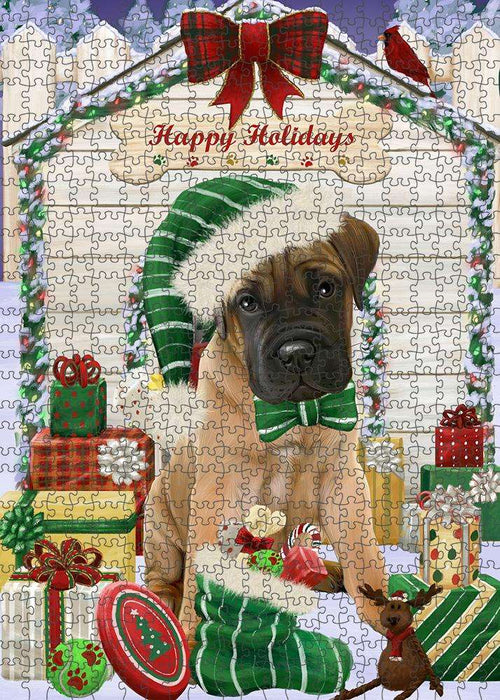 Happy Holidays Christmas Bullmastiff Dog House with Presents Puzzle with Photo Tin PUZL57981