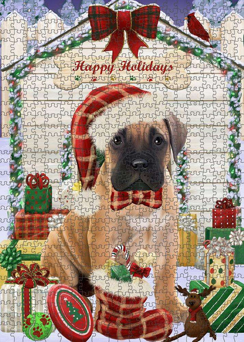 Happy Holidays Christmas Bullmastiff Dog House with Presents Puzzle with Photo Tin PUZL57984