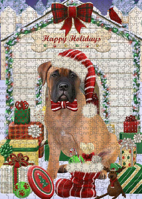 Happy Holidays Christmas Bullmastiff Dog House with Presents Puzzle with Photo Tin PUZL57987