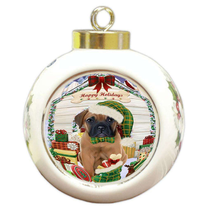 Happy Holidays Christmas Bullmastiff Dog House with Presents Round Ball Christmas Ornament RBPOR51372