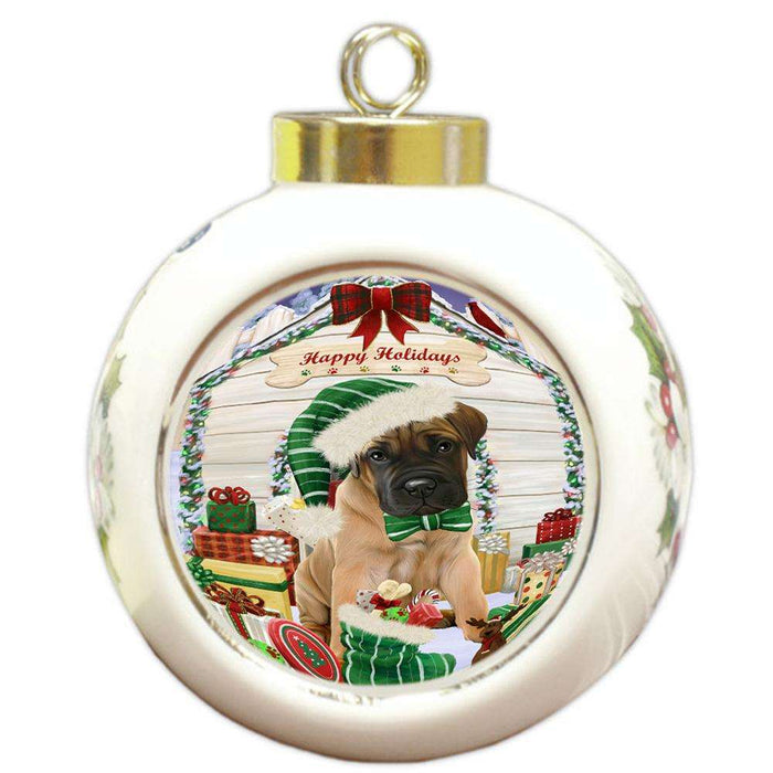 Happy Holidays Christmas Bullmastiff Dog House with Presents Round Ball Christmas Ornament RBPOR51373