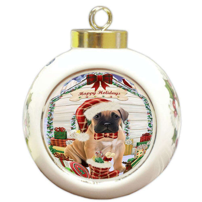 Happy Holidays Christmas Bullmastiff Dog House with Presents Round Ball Christmas Ornament RBPOR51374