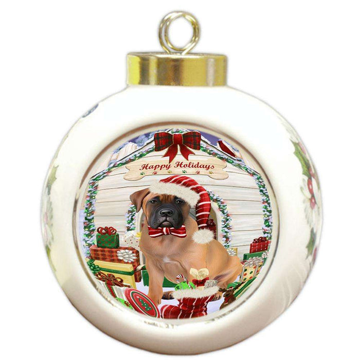 Happy Holidays Christmas Bullmastiff Dog House with Presents Round Ball Christmas Ornament RBPOR51375