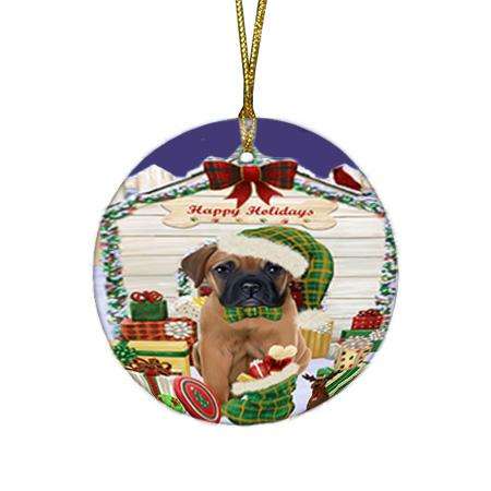 Happy Holidays Christmas Bullmastiff Dog House with Presents Round Flat Christmas Ornament RFPOR51363