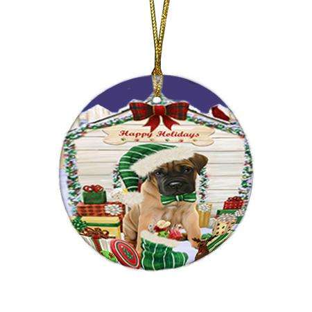 Happy Holidays Christmas Bullmastiff Dog House with Presents Round Flat Christmas Ornament RFPOR51364