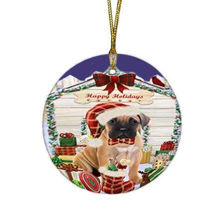 Happy Holidays Christmas Bullmastiff Dog House with Presents Round Flat Christmas Ornament RFPOR51365