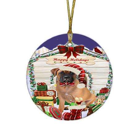 Happy Holidays Christmas Bullmastiff Dog House with Presents Round Flat Christmas Ornament RFPOR51366