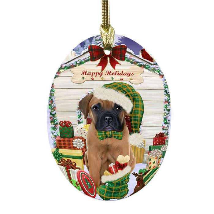 Happy Holidays Christmas Bullmastiff House With Presents Oval Glass Christmas Ornament OGOR49822