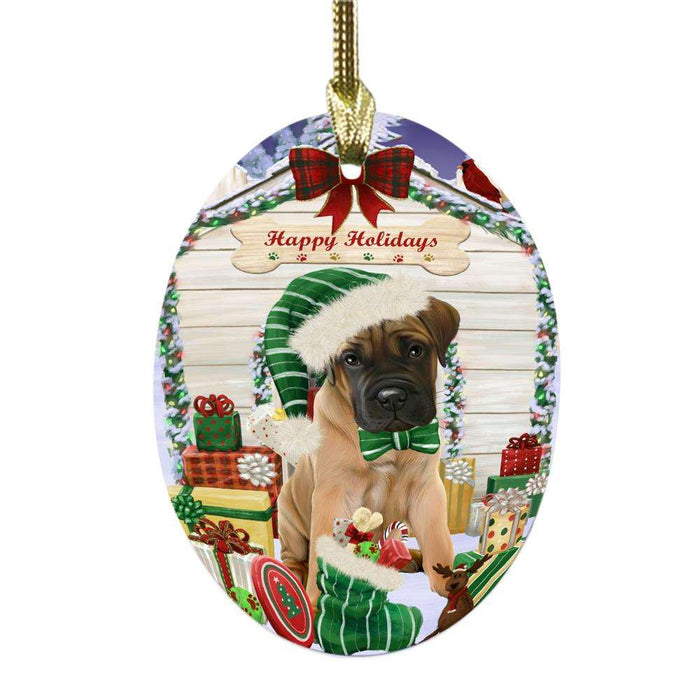 Happy Holidays Christmas Bullmastiff House With Presents Oval Glass Christmas Ornament OGOR49823