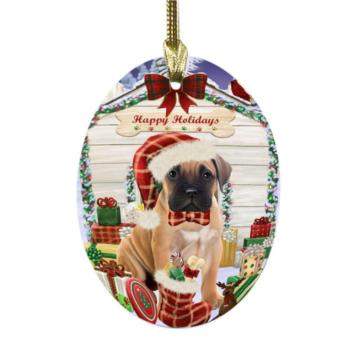 Happy Holidays Christmas Bullmastiff House With Presents Oval Glass Christmas Ornament OGOR49824