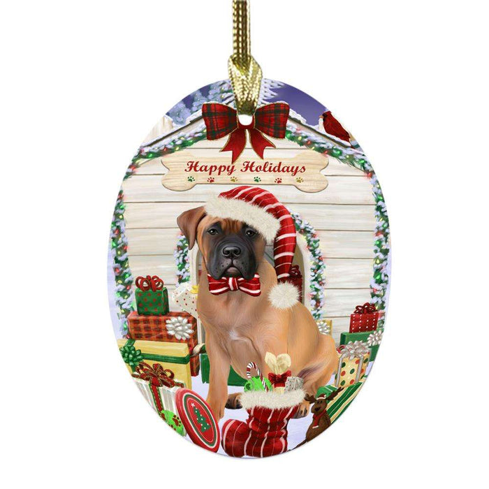 Happy Holidays Christmas Bullmastiff House With Presents Oval Glass Christmas Ornament OGOR49825