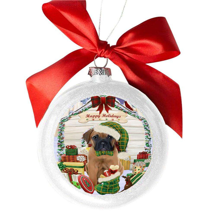 Happy Holidays Christmas Bullmastiff House With Presents White Round Ball Christmas Ornament WBSOR49822