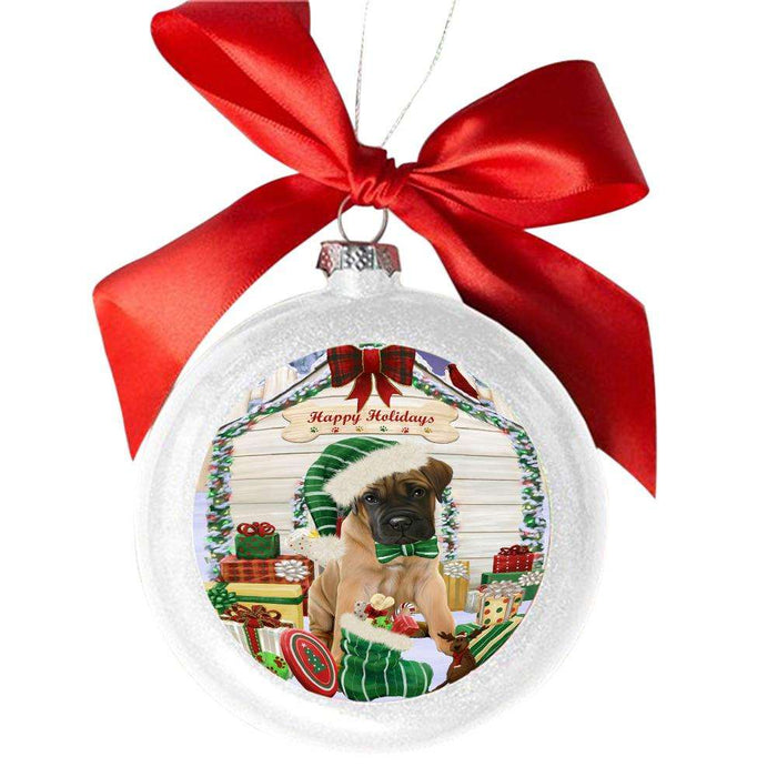 Happy Holidays Christmas Bullmastiff House With Presents White Round Ball Christmas Ornament WBSOR49823