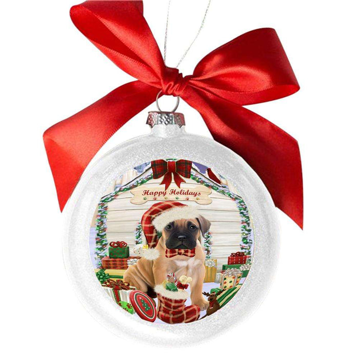 Happy Holidays Christmas Bullmastiff House With Presents White Round Ball Christmas Ornament WBSOR49824