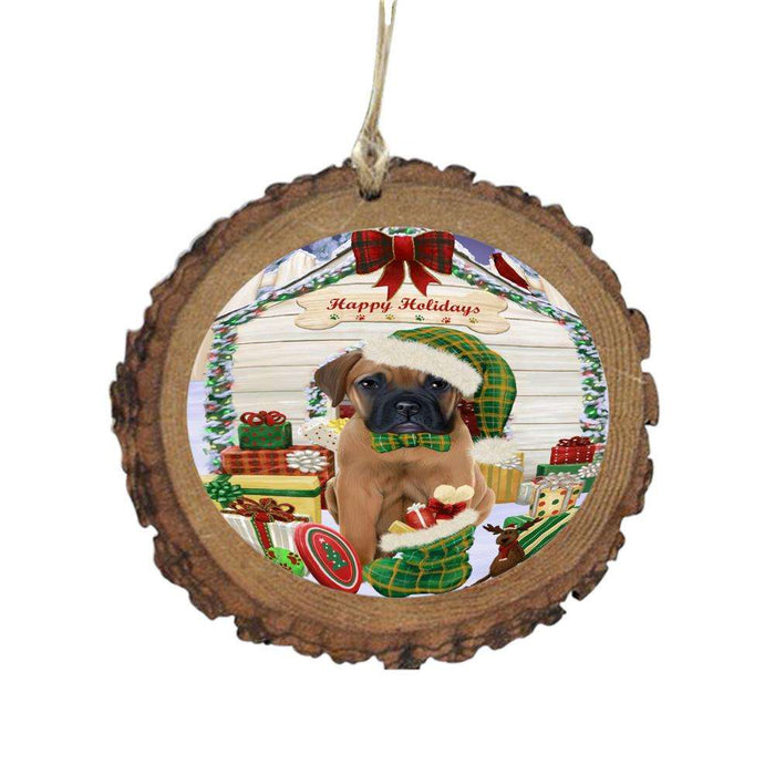 Happy Holidays Christmas Bullmastiff House With Presents Wooden Christmas Ornament WOR49822