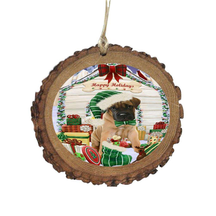 Happy Holidays Christmas Bullmastiff House With Presents Wooden Christmas Ornament WOR49823