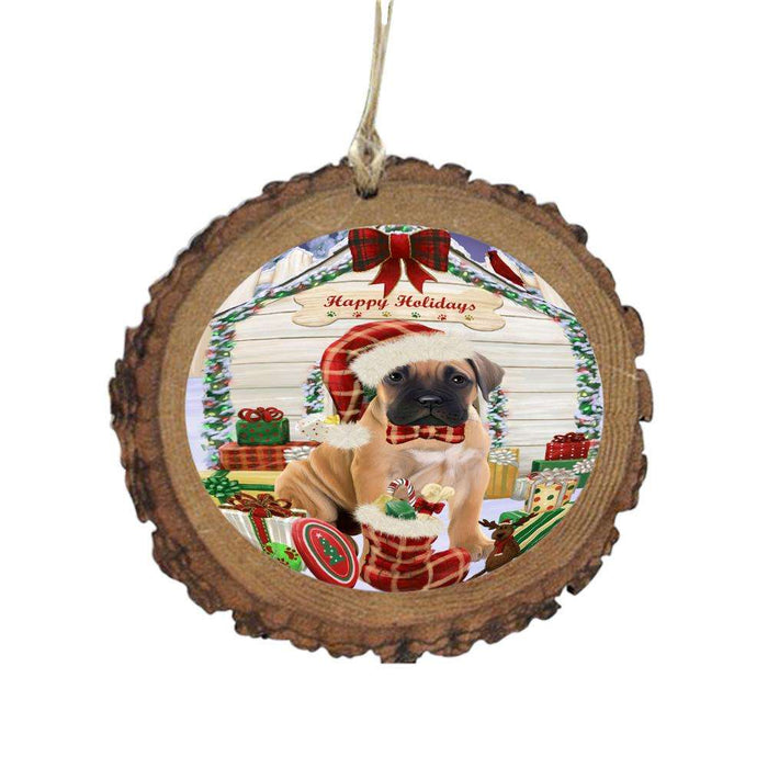 Happy Holidays Christmas Bullmastiff House With Presents Wooden Christmas Ornament WOR49824
