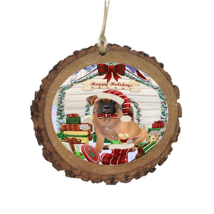 Happy Holidays Christmas Bullmastiff House With Presents Wooden Christmas Ornament WOR49825