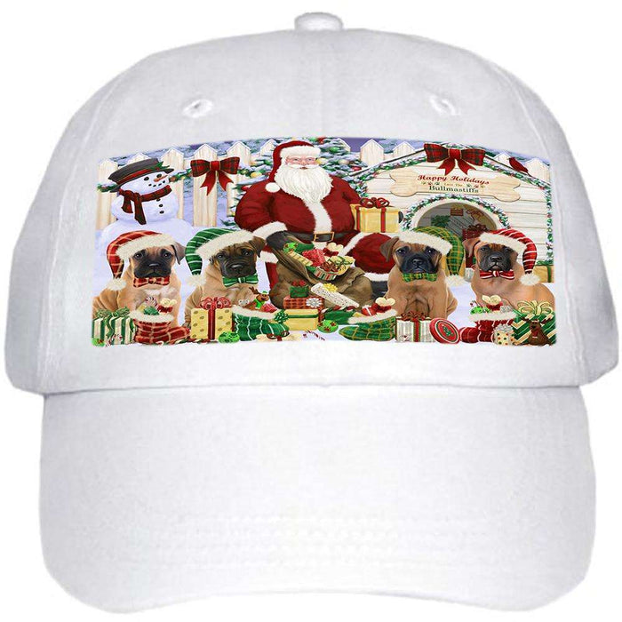 Happy Holidays Christmas Bullmastiffs Dog House Gathering Ball Hat Cap HAT57600