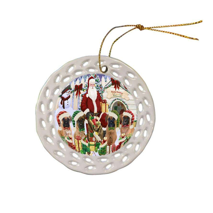 Happy Holidays Christmas Bullmastiffs Dog House Gathering Ceramic Doily Ornament DPOR51289