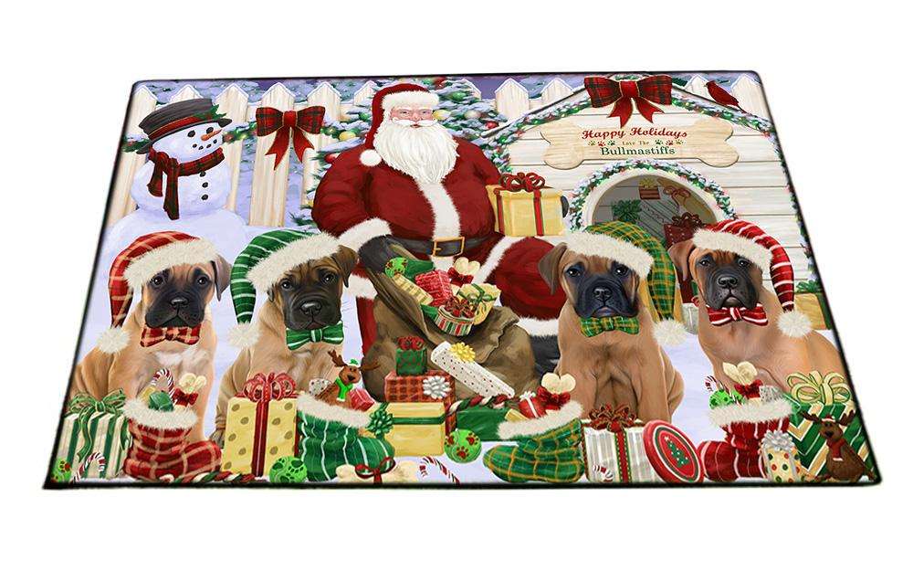 Happy Holidays Christmas Bullmastiffs Dog House Gathering Floormat FLMS51078