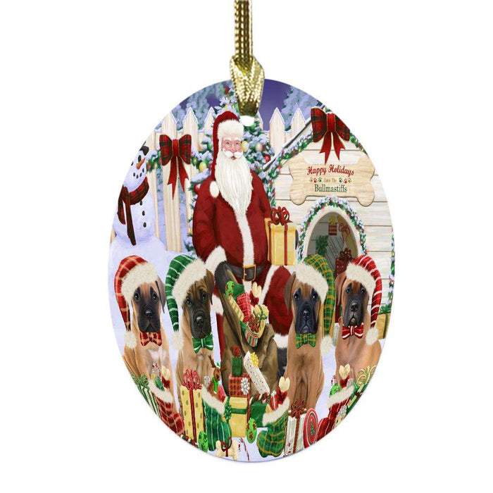 Happy Holidays Christmas Bullmastiffs Dog House Gathering Oval Glass Christmas Ornament OGOR49692