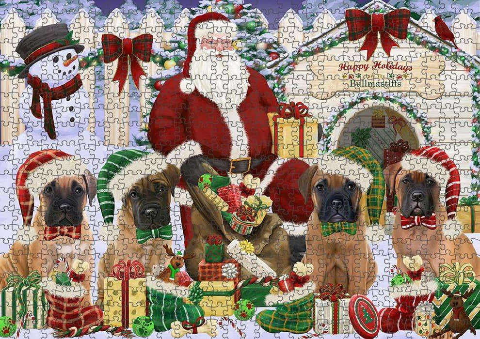 Happy Holidays Christmas Bullmastiffs Dog House Gathering Puzzle with Photo Tin PUZL57729