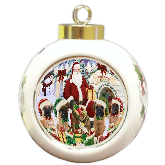 Happy Holidays Christmas Bullmastiffs Dog House Gathering Round Ball Christmas Ornament RBPOR51289