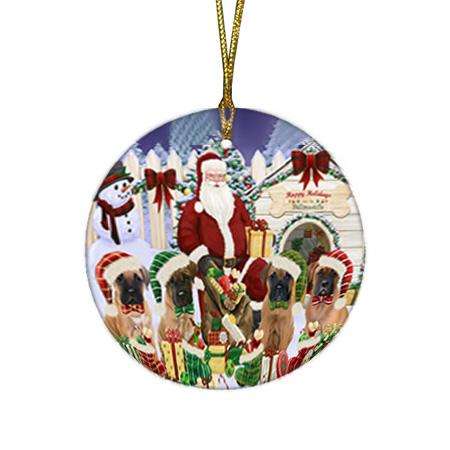Happy Holidays Christmas Bullmastiffs Dog House Gathering Round Flat Christmas Ornament RFPOR51280