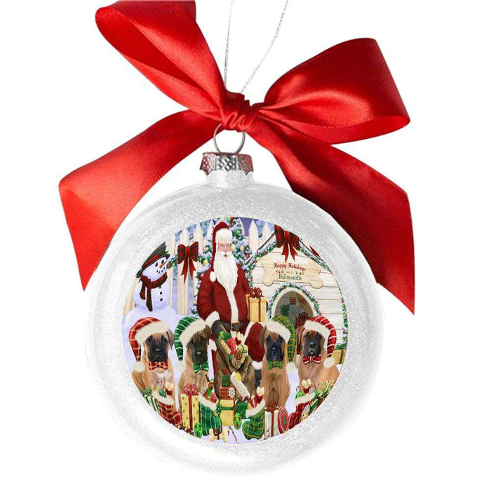 Happy Holidays Christmas Bullmastiffs Dog House Gathering White Round Ball Christmas Ornament WBSOR49692