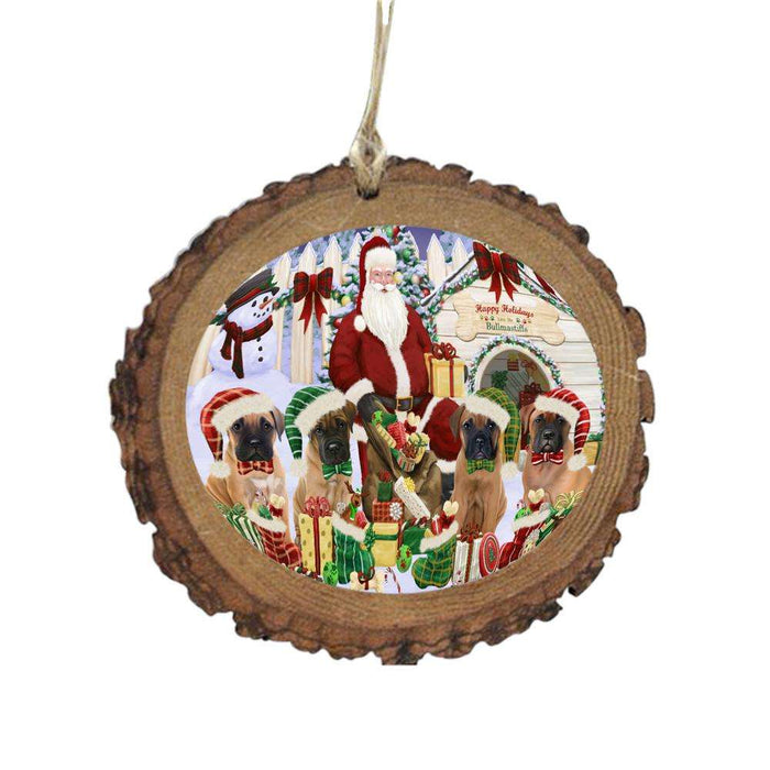 Happy Holidays Christmas Bullmastiffs Dog House Gathering Wooden Christmas Ornament WOR49692