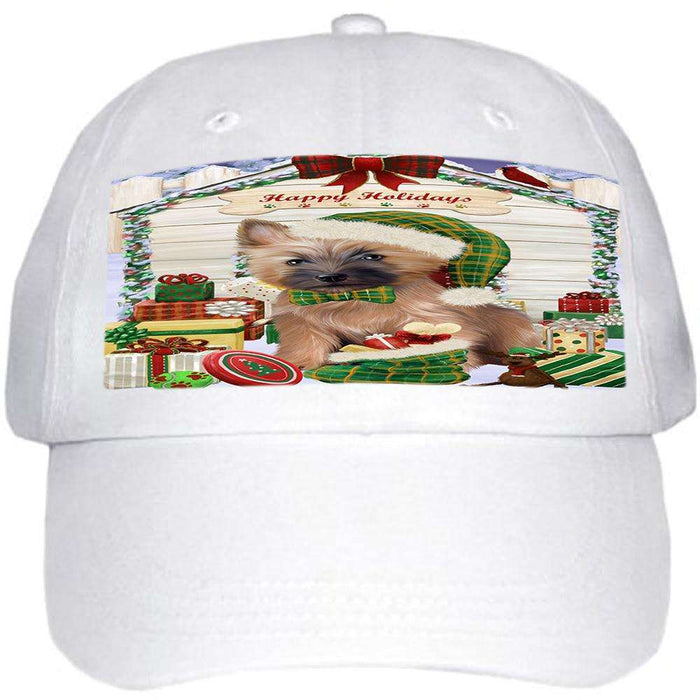 Happy Holidays Christmas Cairn Terrier Dog House with Presents Ball Hat Cap HAT57861