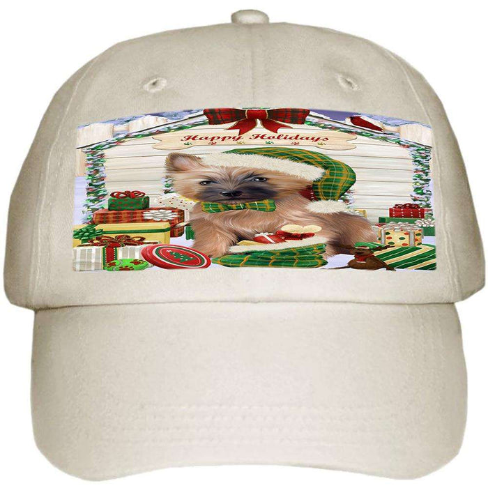 Happy Holidays Christmas Cairn Terrier Dog House with Presents Ball Hat Cap HAT57861