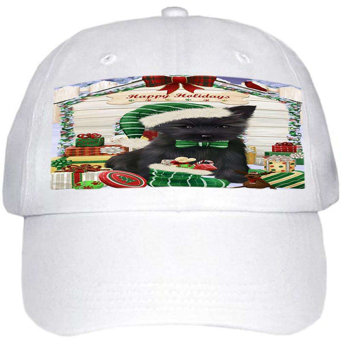 Happy Holidays Christmas Cairn Terrier Dog House with Presents Ball Hat Cap HAT57864