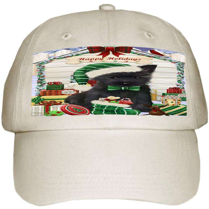 Happy Holidays Christmas Cairn Terrier Dog House with Presents Ball Hat Cap HAT57864