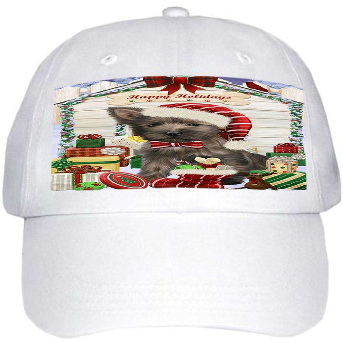 Happy Holidays Christmas Cairn Terrier Dog House with Presents Ball Hat Cap HAT57870