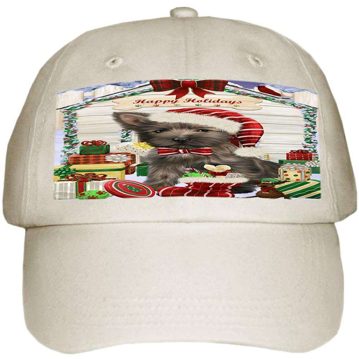 Happy Holidays Christmas Cairn Terrier Dog House with Presents Ball Hat Cap HAT57870