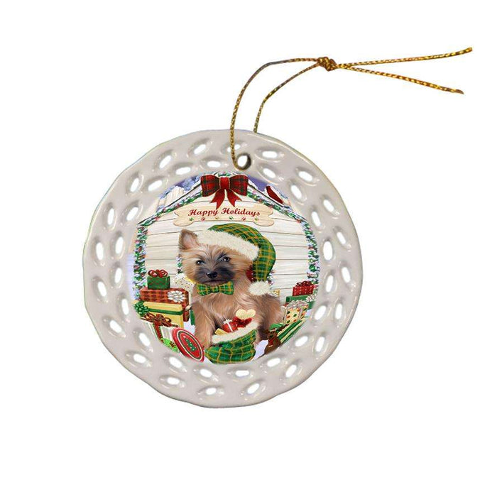 Happy Holidays Christmas Cairn Terrier Dog House with Presents Ceramic Doily Ornament DPOR51376
