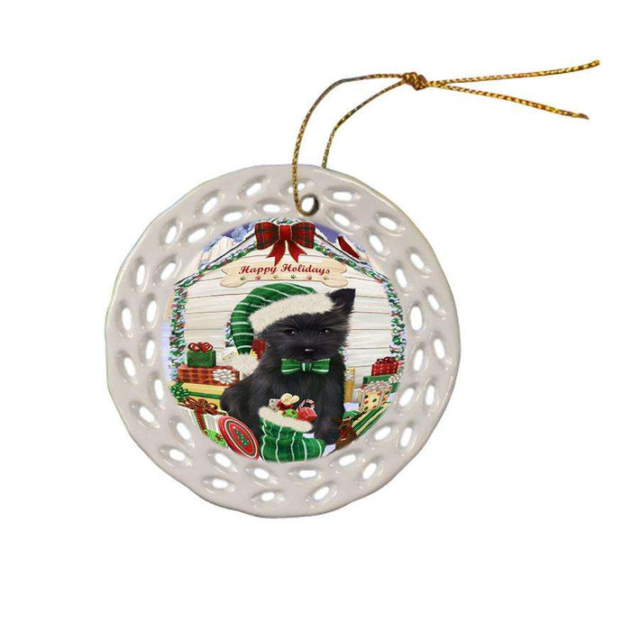 Happy Holidays Christmas Cairn Terrier Dog House with Presents Ceramic Doily Ornament DPOR51377