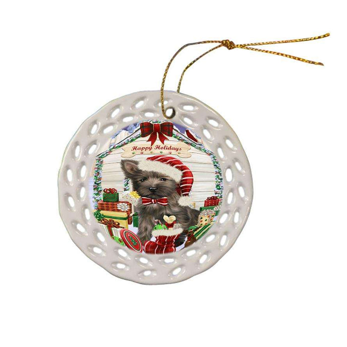 Happy Holidays Christmas Cairn Terrier Dog House with Presents Ceramic Doily Ornament DPOR51379