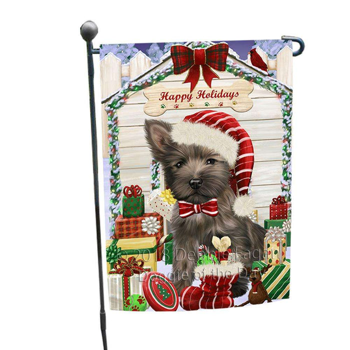 Happy Holidays Christmas Cairn Terrier Dog House with Presents Garden Flag GFLG51301