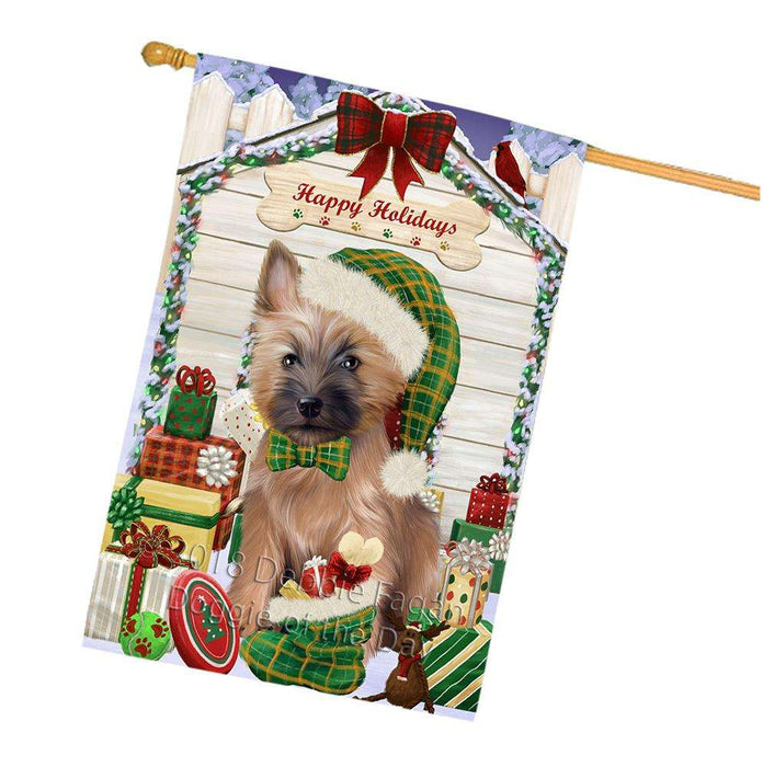 Happy Holidays Christmas Cairn Terrier Dog House with Presents House Flag FLG51434