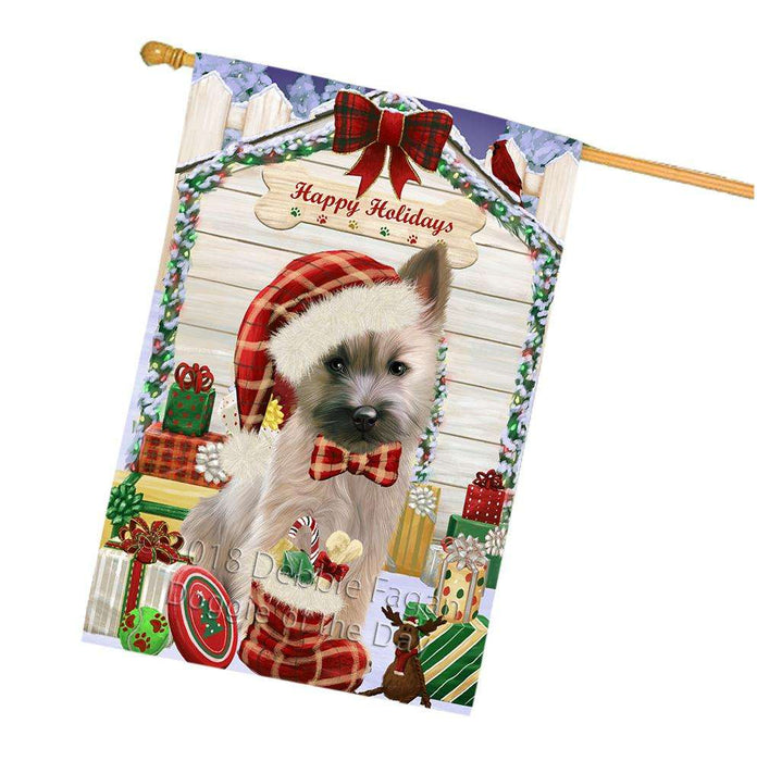 Happy Holidays Christmas Cairn Terrier Dog House with Presents House Flag FLG51436