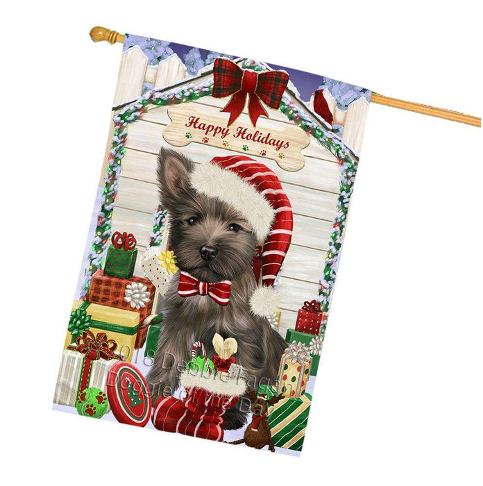 Happy Holidays Christmas Cairn Terrier Dog House with Presents House Flag FLG51437