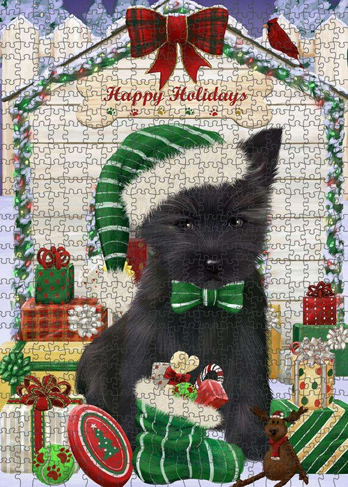 Happy Holidays Christmas Cairn Terrier Dog House with Presents Puzzle with Photo Tin PUZL57993